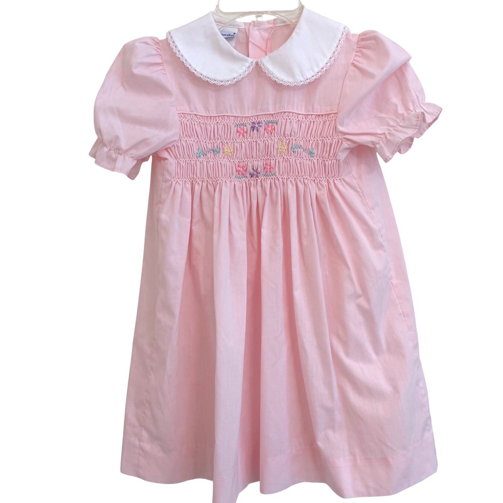 Princess Anne Vintage Pink Smocked Floral Dress Girls Size 6X Peter Pan Collar